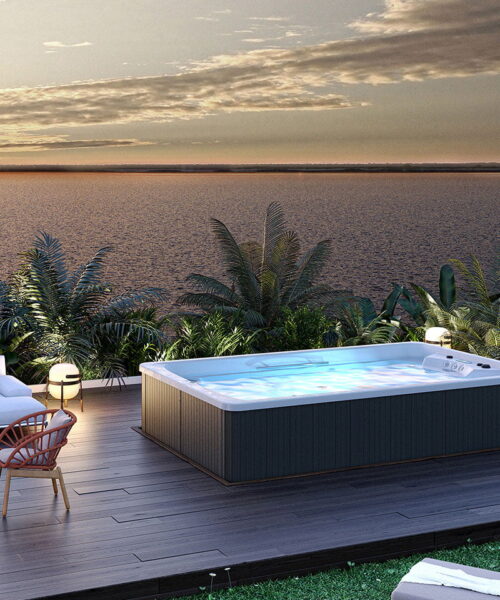Astralpool Swimspa Compact with cabinet and sea view