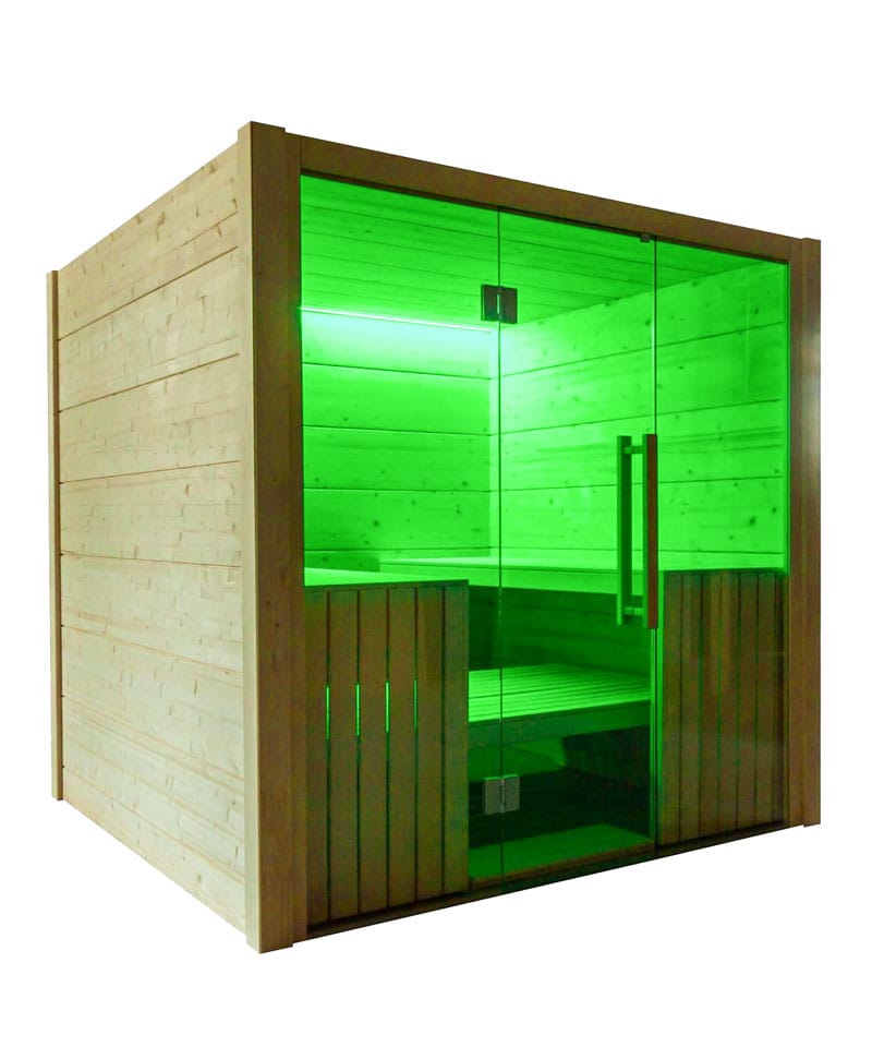 The Harvia Olympus interior lighting supports a range of colours.