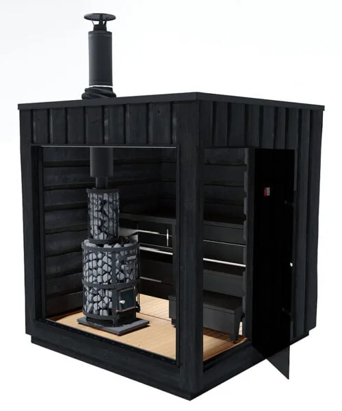 Harvia Legend Outdoor Wood Burning Sauna with Door Open