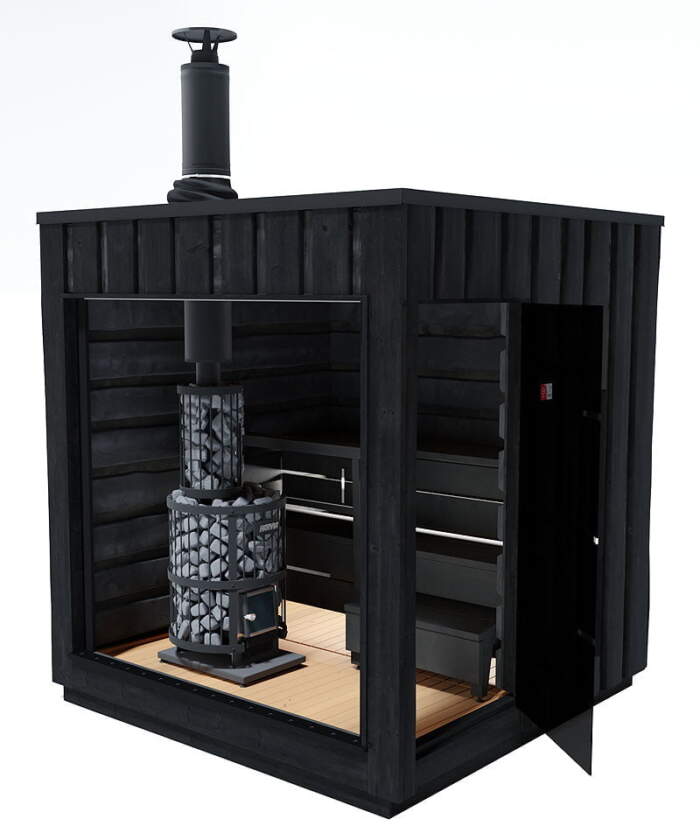 Harvia Legend Outdoor Wood Burning Sauna with Door Open