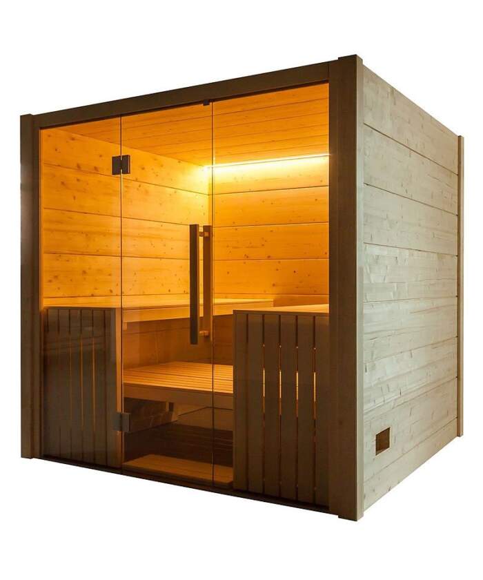 Harvia Olympus 8 Person sauna cabin with evening lighting