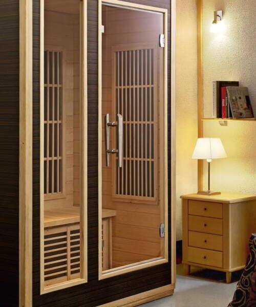 Harvia Radiant sauna cabin hemlock w/ walnut veneer