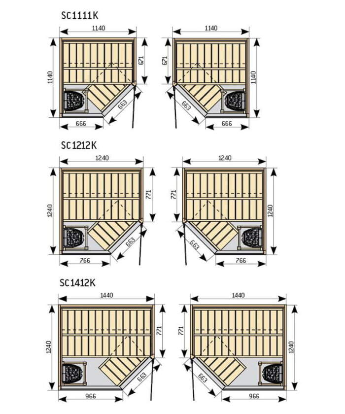 Harvia Sirius Corner layout options diagram