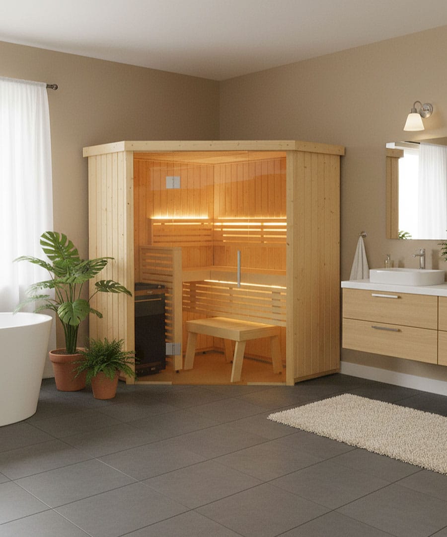 Bathroom installation of the Harvia Variant View Corner Medium Sauna