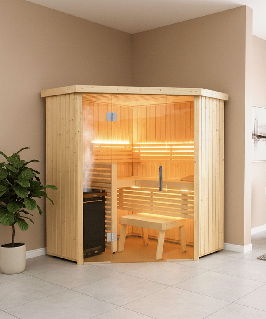 Home installation of the Harvia Variant View Corner Medium Sauna