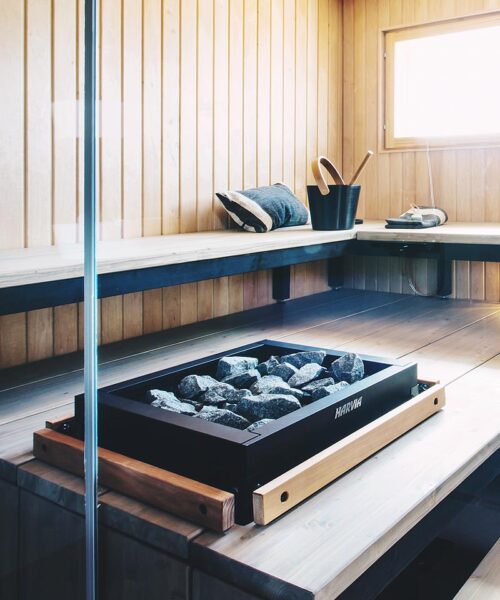 Harvia Modulo sauna heater installed in sauna bench