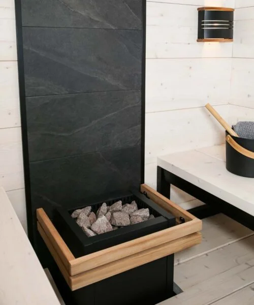 Harvia Virta Combi Safety Railing Installed in Solide Sauna