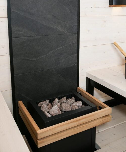 Harvia Solide sauna with Harvia Virta sauna heater and safety railing
