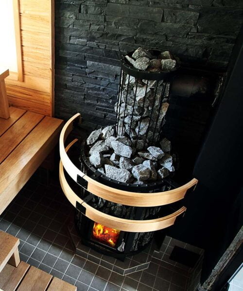 Harvia Legend Smoke Pipe Cover in place in custom sauna