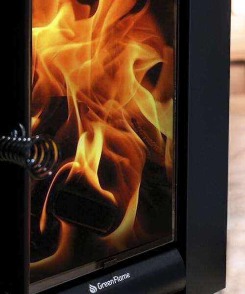 Close up detailed view of the Harvia Linear 22 GreenFlame window