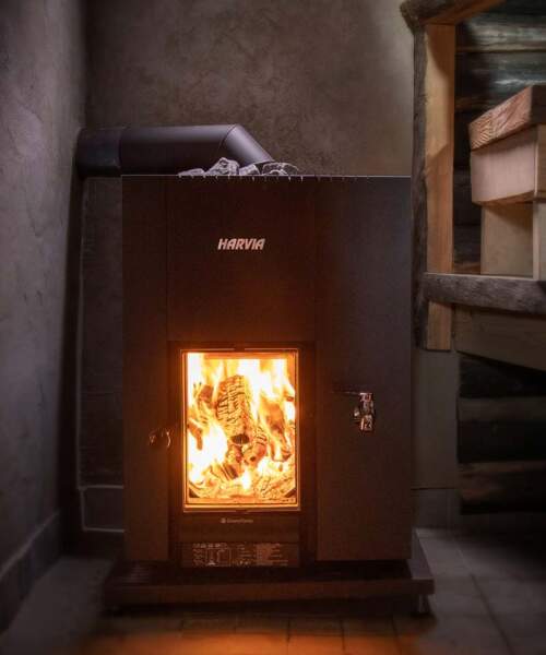 Front facing view of the Harvia Linear 22 Greenflame wood burning heater