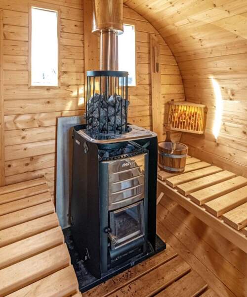 Harvia M3 Installed in Barrel Sauna with Smoke Pipe Cover
