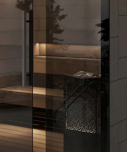 Detail of the Tylo Reflection WIDE Glass Front Sauna