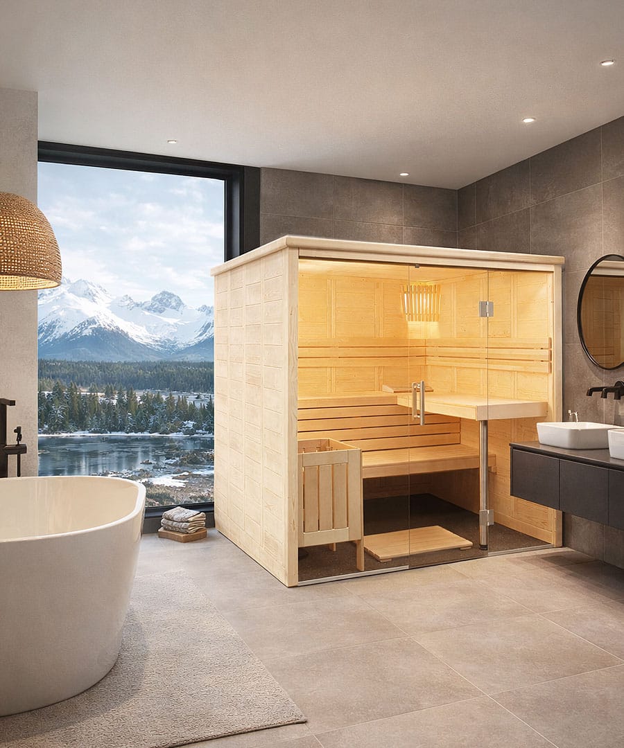 Harvia Alaska View Installed in a Home Spa with Wintry Scene Outside