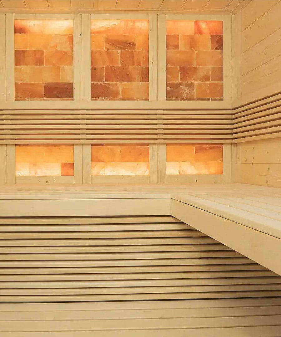 Interior Wall and Benches Detail of the Harvia Himalaya Large Infra+ Hybrid Salt Sauna
