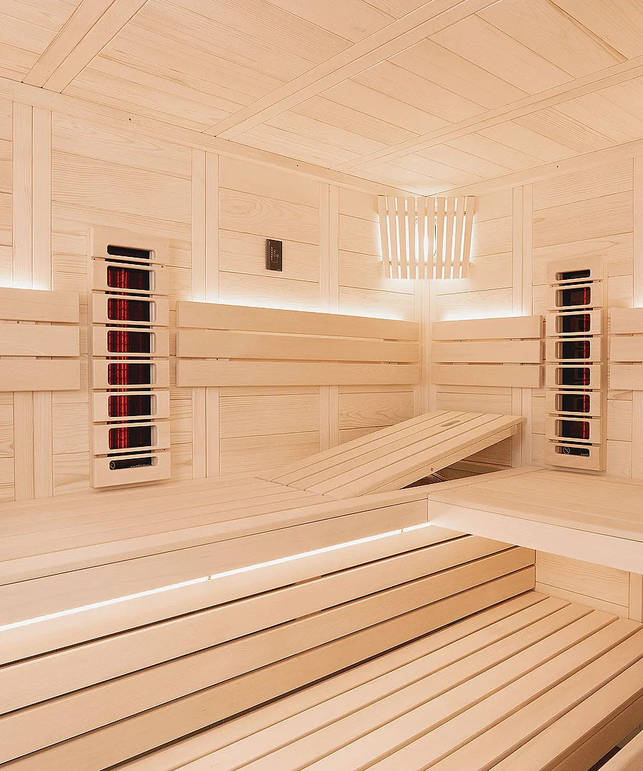 Harvia Alaska Corner Infra+ Interior View with Infrared Heating Panels