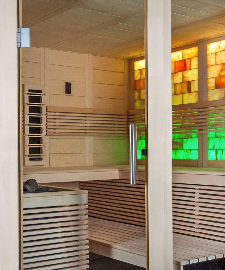 Harvia Himalaya Corner Infra Interior Detail with Green Lit Salt Wall