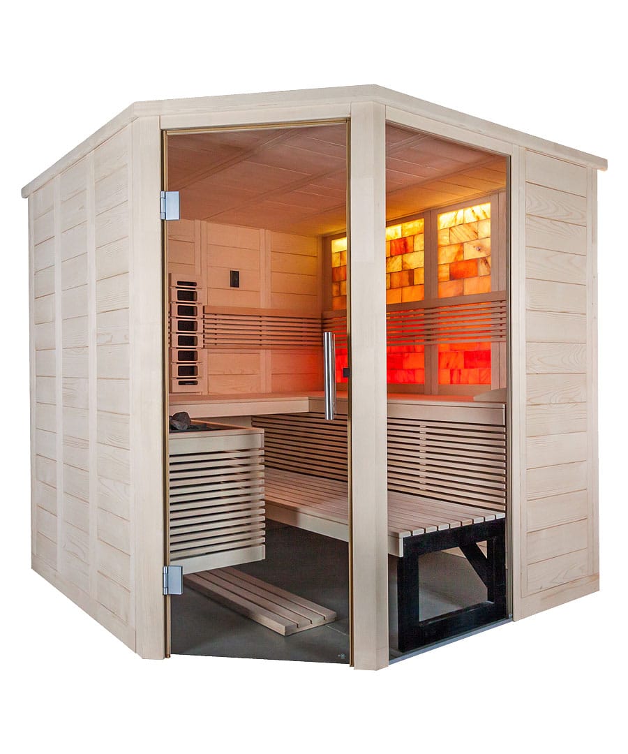 Harvia Himalaya Corner Infra Interior Detail with Partial Red Lit Salt Wall