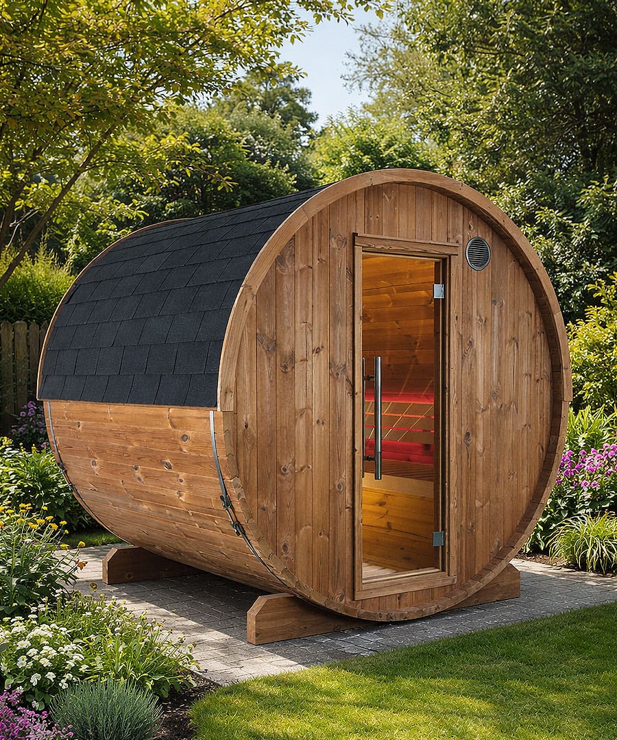 Harvia Kaski Barrel Sauna Outdoor Garden Installation