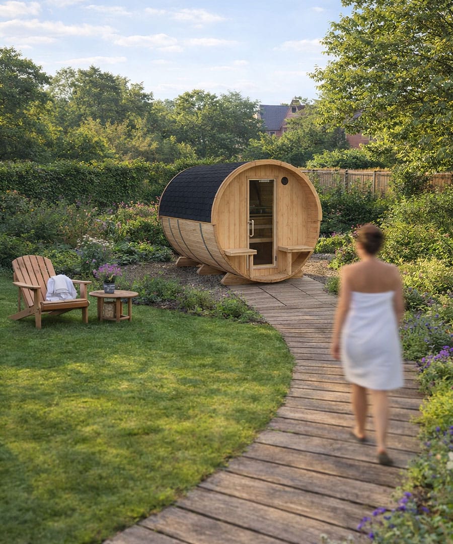 Harvia Kuusi Canopy Barrel Sauna Garden Installation