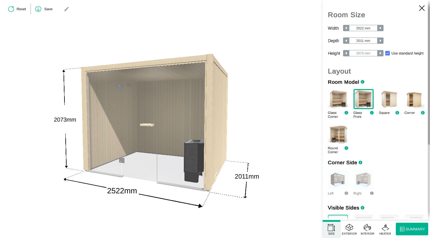 Screenshot: Measure up your sauna space and enter the details into the room size option