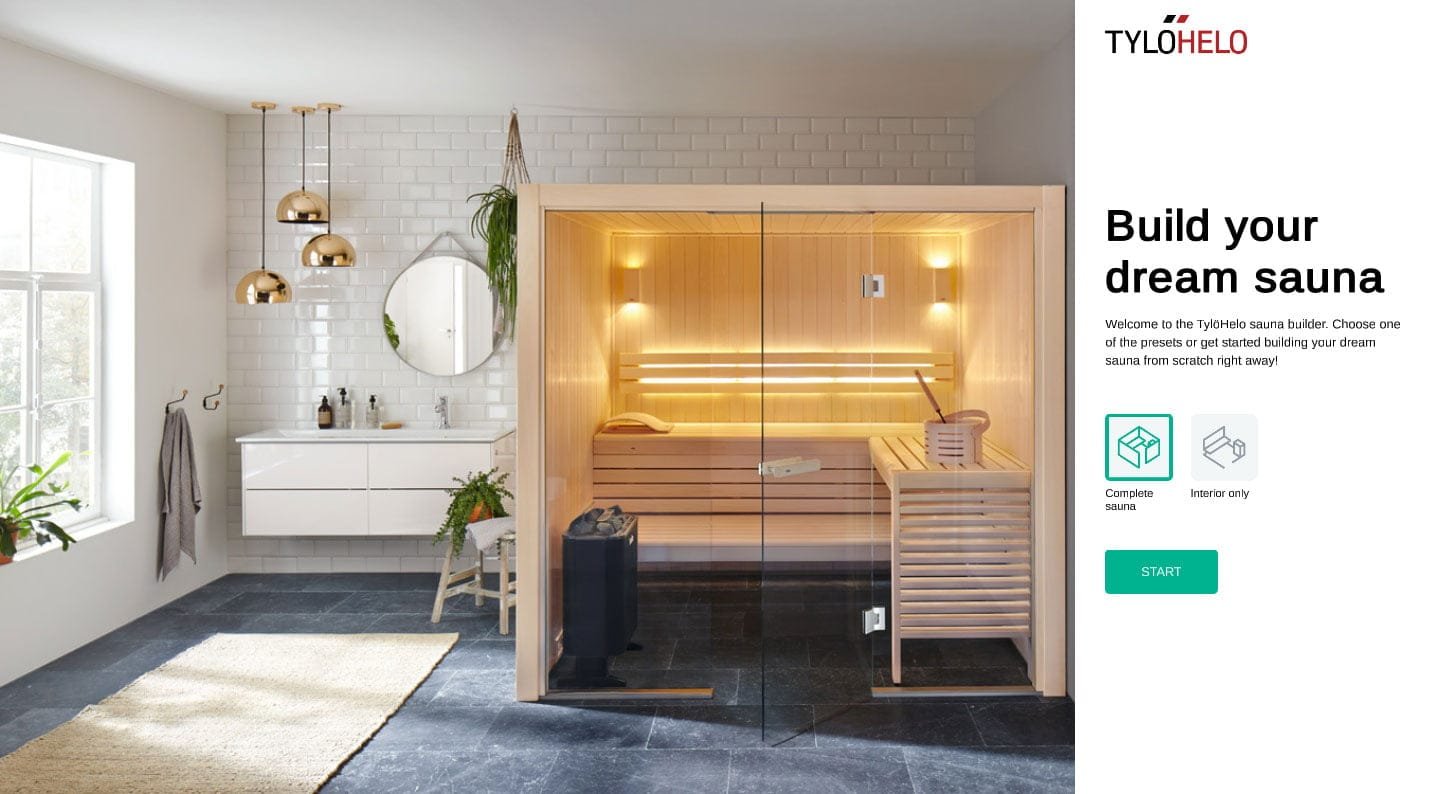 Screenshot: Start screen of the TyloHelo 3D sauna configurator