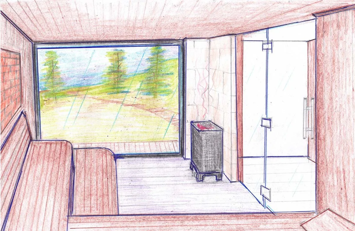 Example: Interior view of a home sauna design with frameless glass doors