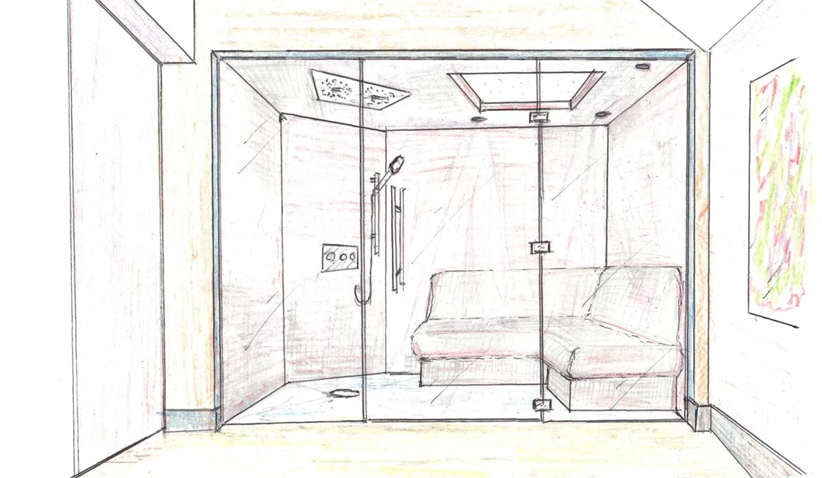 Example: Steam room build with frameless glass front and steam shower