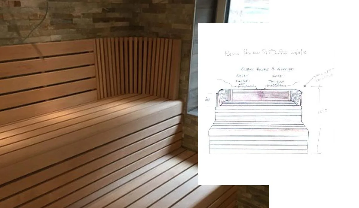 Example: Mock-up sketch of sauna design and finished build.