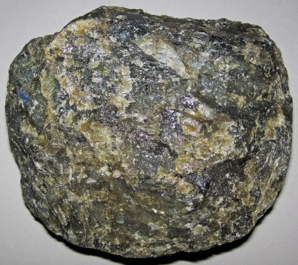 Coarse-grained and somewhat speckled, Anorthosite is a found in the Earth's crust.
